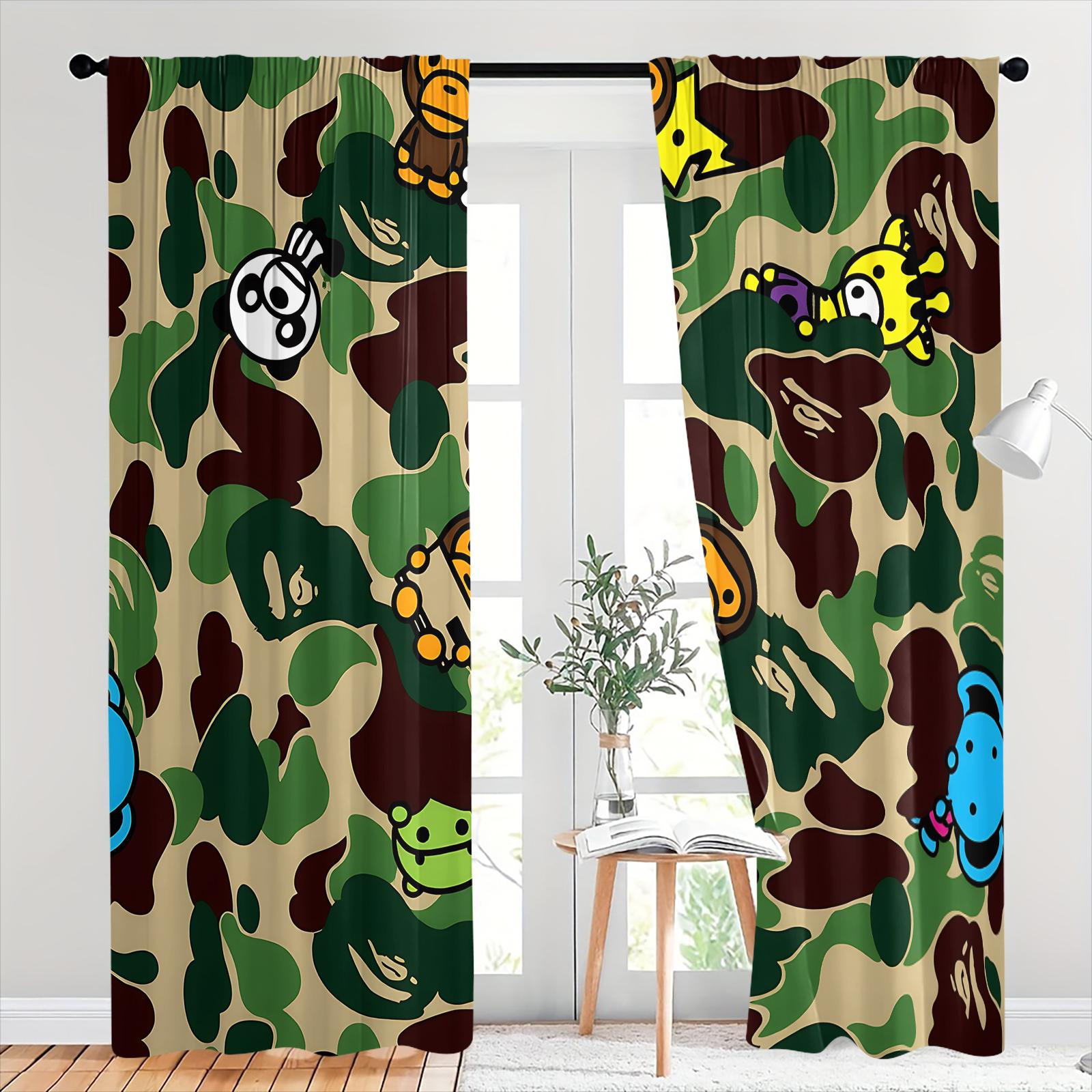 Trendy Black White Camouflage and Animal Silhouettes Curtains Home Decoration Curtain-Two-Piece Rod Pocket Design No Drilling Installation-Privacy Blocking Decorative Drape-Boys Bedroom/Designer Toy Display Room/Gaming Room Decor Window Drapes