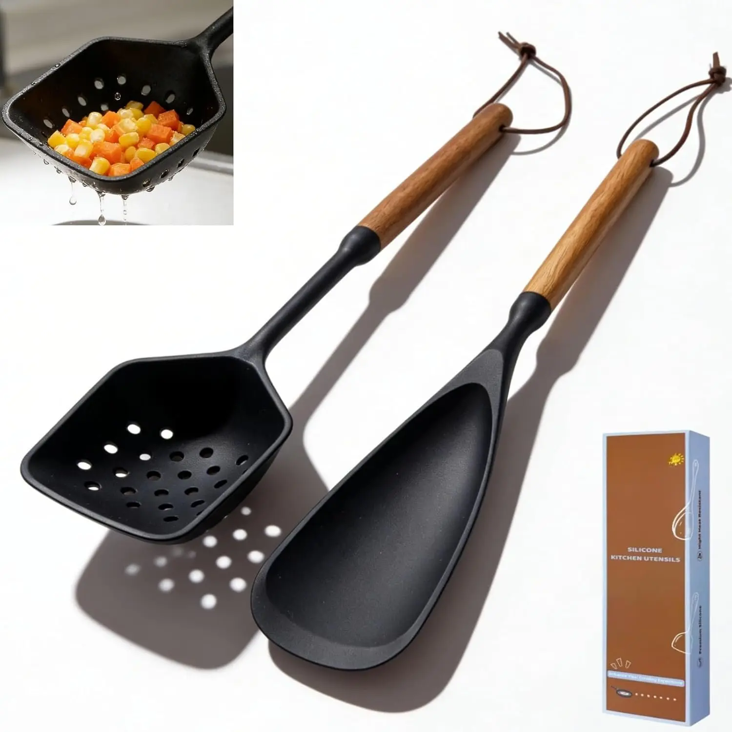 Cooking Spoons with Non Slotted Spoon, Large Serving Strainer Spoon Set, Multifunction Flat Spoon Spatula, Non-Stick Skimmer Colander Spoon for Mixing,Serving,Draining