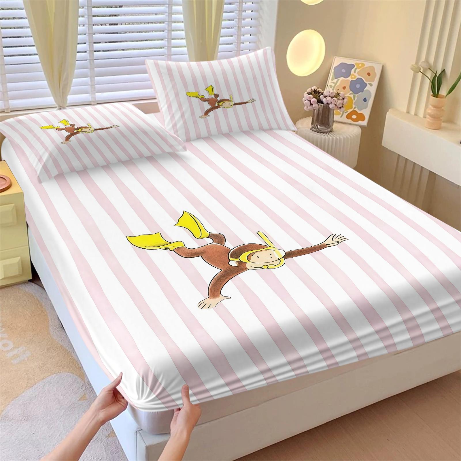 3 Piece Curious George Fitted Sheet Set, 1 Fitted Sheet + 2 Pillowcases, Cute Cartoon Monkey Biking Summer Adventure Bedding, Kids Bedroom Decor for Boys Girls Teens, Ideal Gift for Curious George Fans