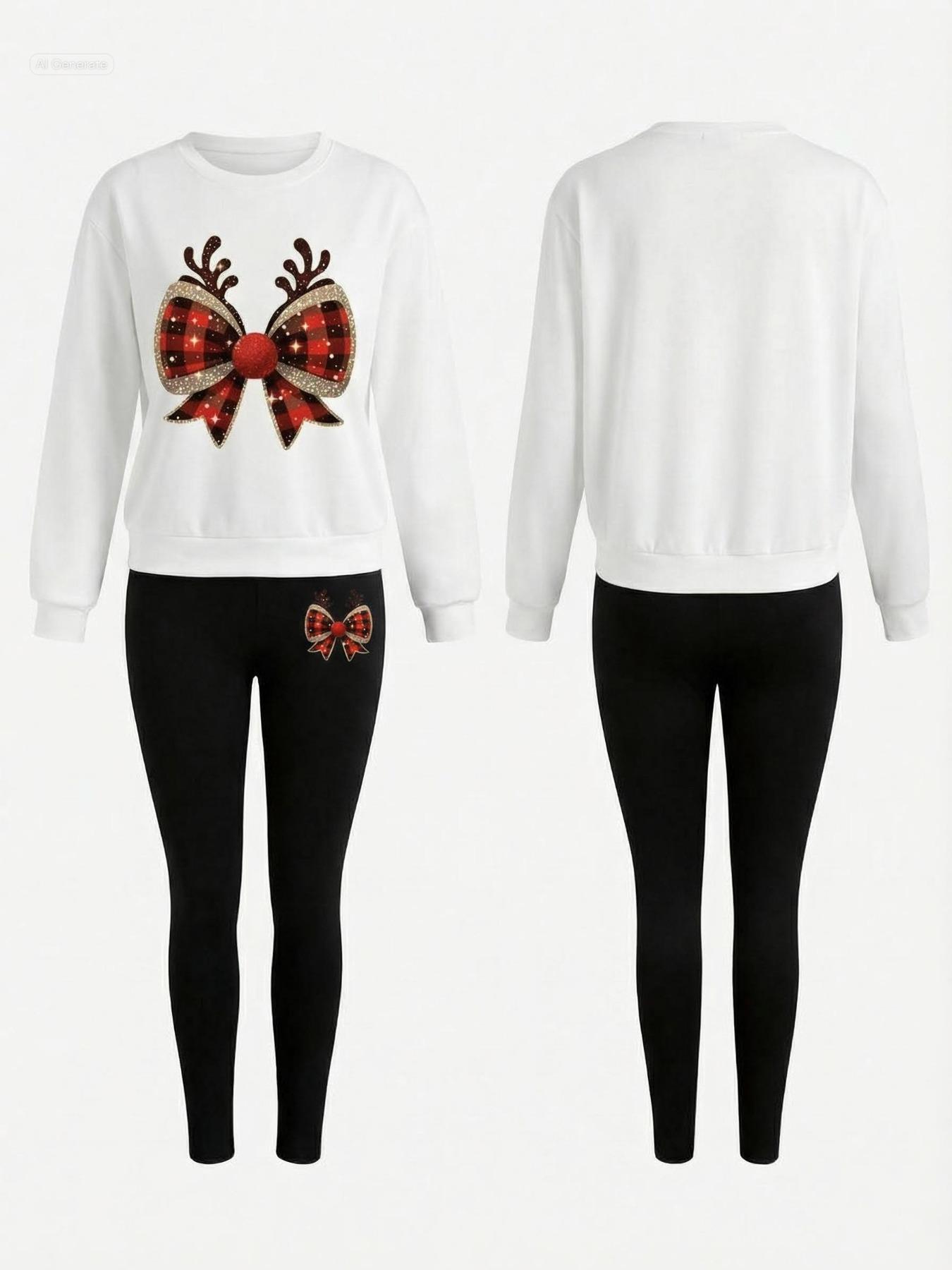 Women's Christmas Pattern Sweatshirt Set, Round Neck Long Sleeve Top, Fitted Pants, Casual Fall & Winter, Holiday Promotion