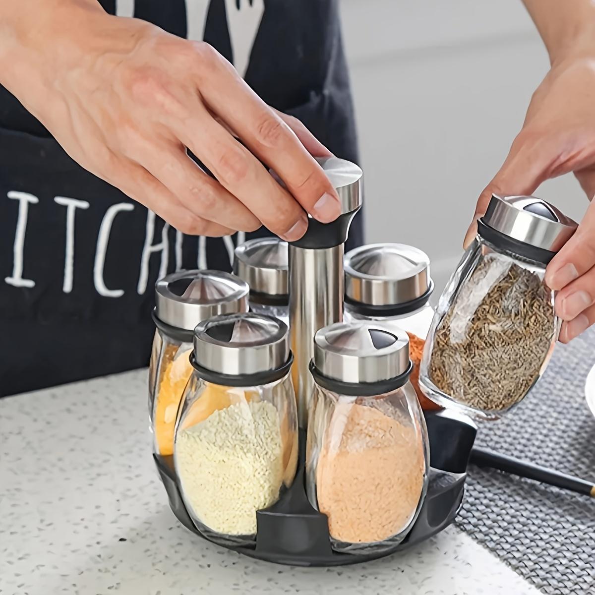 1 set of 6-piece household kitchen storage rotating combination seasoning jar set glass seasoning bottle sorting monosodium glutamate six in one seasoning jar Spice Containers