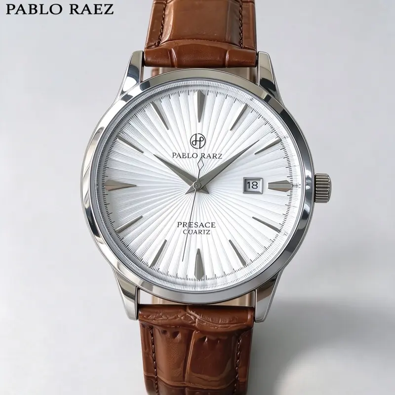 Classic Luxury Men's Watch, Stainless Steel Case, Dial, Leather Strap, Quartz Movement, Waterproof, Business Casual, Gift Idea