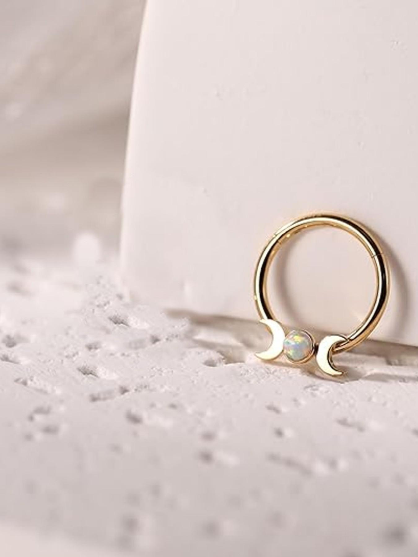 Moon Opal Septum Ring for Women, Stainless Steel Nose Ring Hoop, Double Crescent Cartilage Earring, Minimalist Piercing Jewelry, Aesthetic Gift