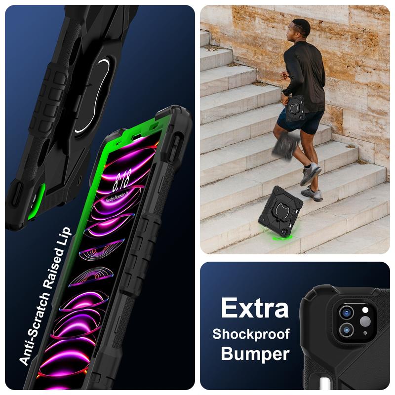 Military-Grade Shockproof Case for iPad Pro (M5) 2025 , Compatible with iPad (A16) 11th/10th / iPad Air / iPad Mini - Rotating Stand with  Pencil Holder & Shoulder Strap - Heavy Duty Drop-Proof Cover for Kids/Adults - Black
