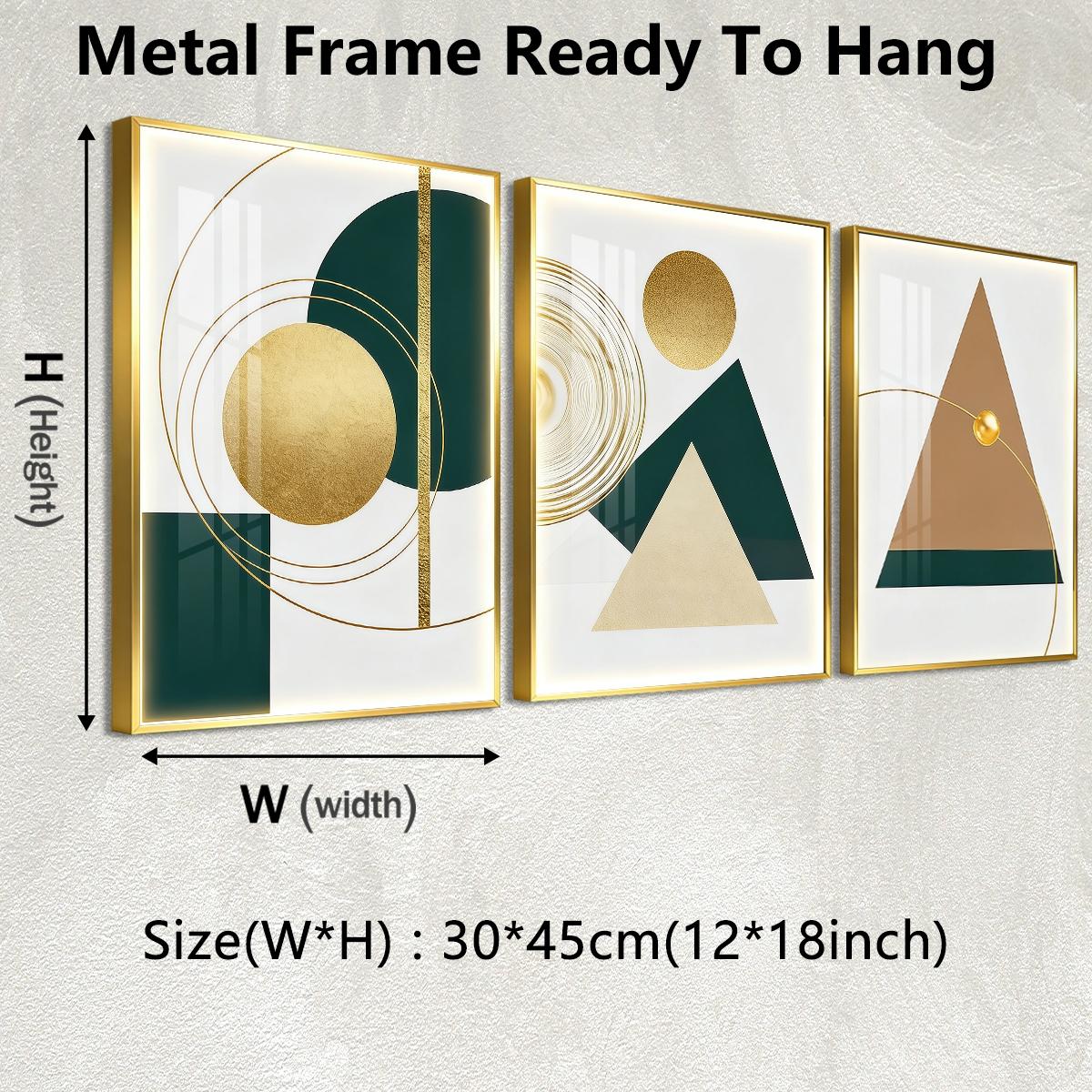 3 Counts Aluminum Alloy Framed Painting, Geometric Gold And Green Abstract Shapes Pictures, Home Decoration For Living Room, Bedroom, Office, Restaurant, Hallway Wall Decor, Odorless Print Artwork, Luxury Perfect Gift For Friends And Family