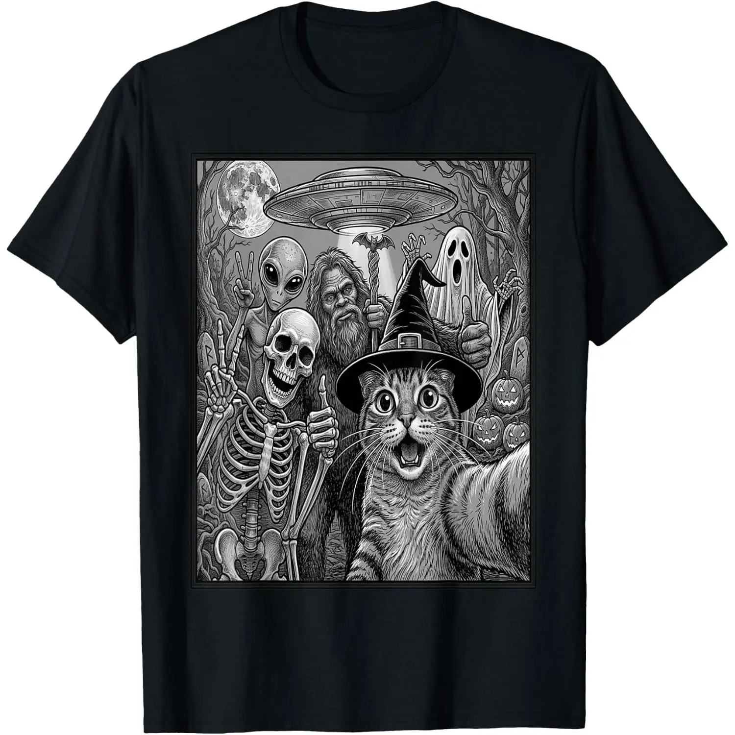 Spooky Cat Selfie Monster Squad Halloween Paranormal Graphic T-Shirt