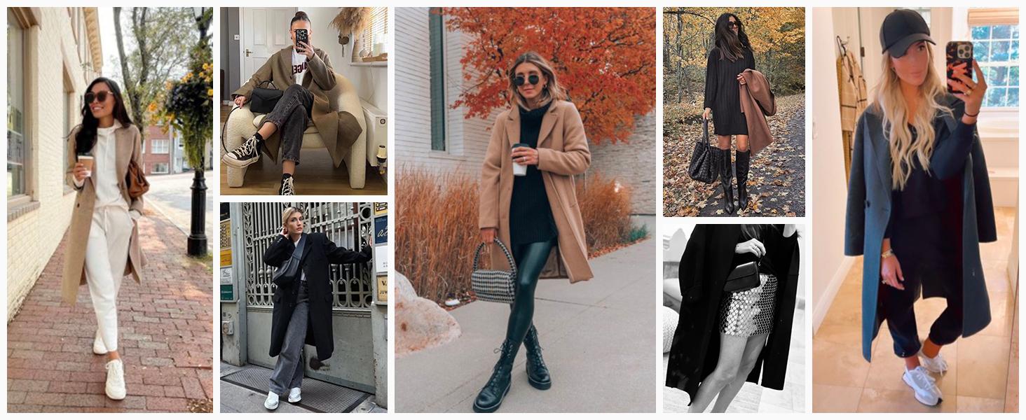 SCUSTY Women's Winter Notch Lapel Double Breasted Wool Blend Mid Long Pea Trench Coat with Two Side Pockets