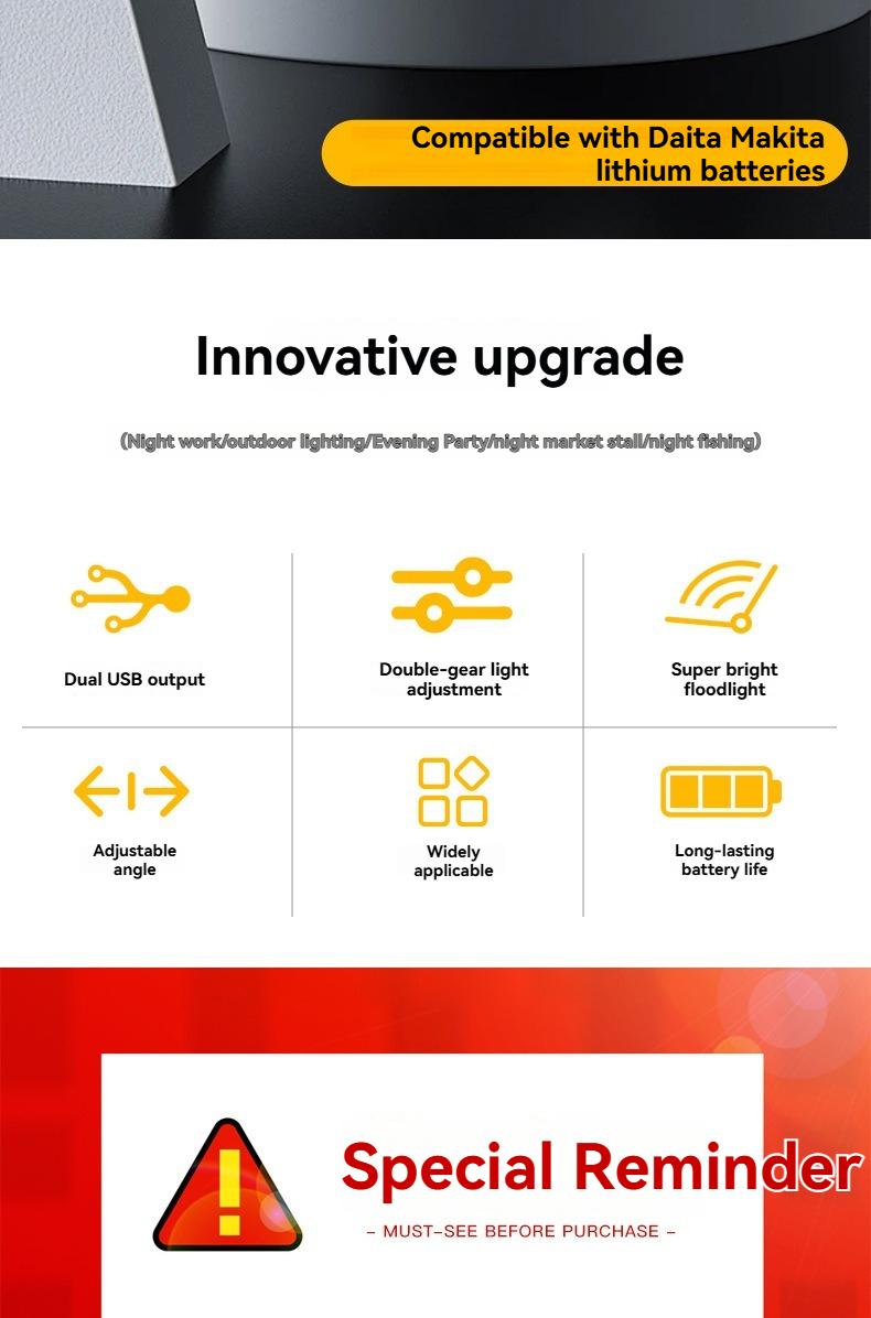 High Brightness LED Work Light Compatible with Makita & Dayi Lithium Batteries, Super Bright Outdoor Floodlight, Portable Emergency Job Site Lamp for Construction Repair Camping, Waterproof Cordless LED Flashlight Tool Light