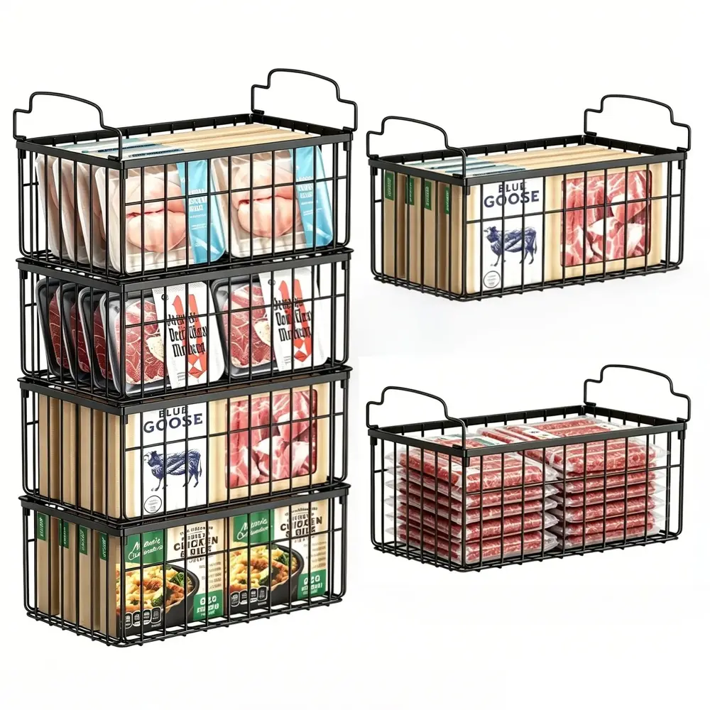 Freezer Organizer Bins 2/4/6/8 Pack – Stackable Wire Storage Baskets for Chest Freezer, Rustproof Metal Freezer Organizers for Meat, Food, Kitchen & Pantry