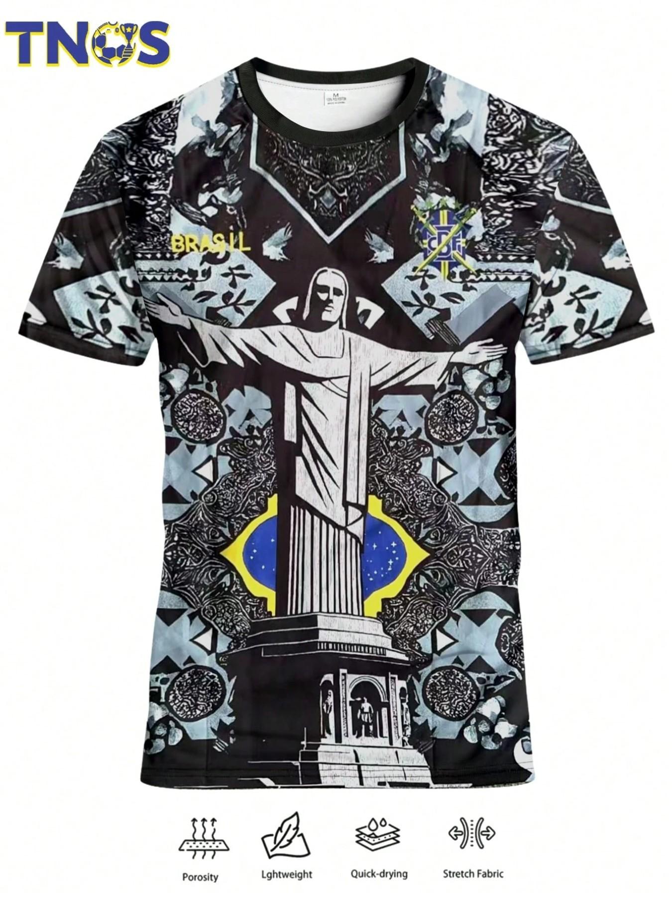 Men's Brazil Monochrome Christ the Redeemer Soccer Jersey, Intricate Pattern Print, Short Sleeve Football Shirt, Artistic Fan Apparel