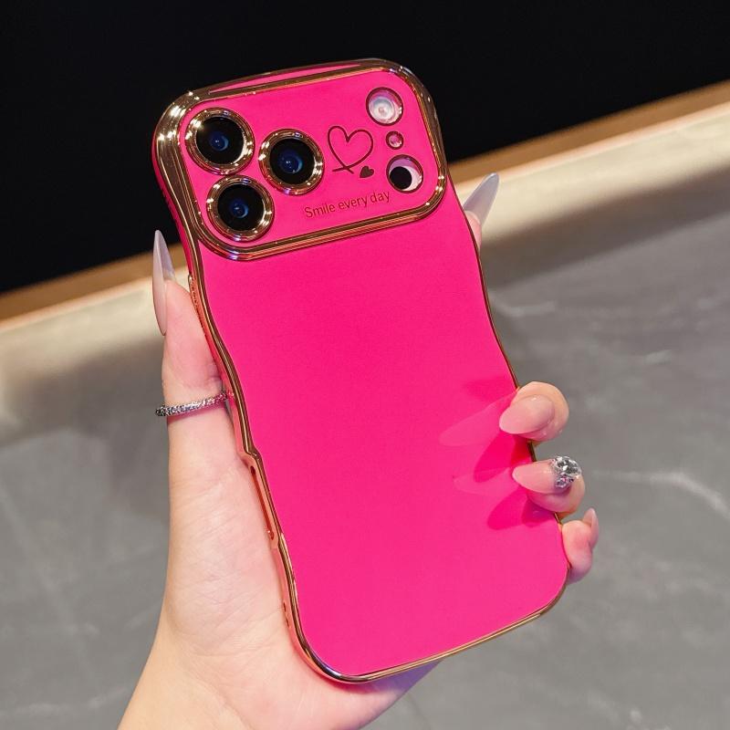 for iPhone 17 Pro Max 16 15 14 13 12 Case for Women Girls, Cute Wave Frame Curly Shape with Love Heart Pattern Raised Camera Protection Cover Luxury Plating Shockproof Phone Case