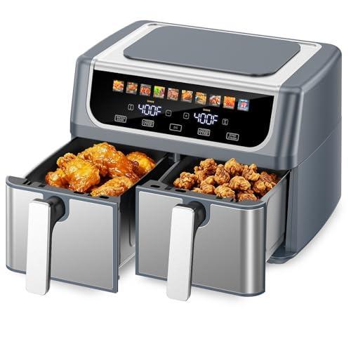 9.5L Large Capacity Double Basket Air Fryer with Independent Dual Zone Temperature Control, 10 One-Touch Preset Cooking Modes, Sync Finish and Match Cook Functions, Stainless Steel Non-Stick Baskets