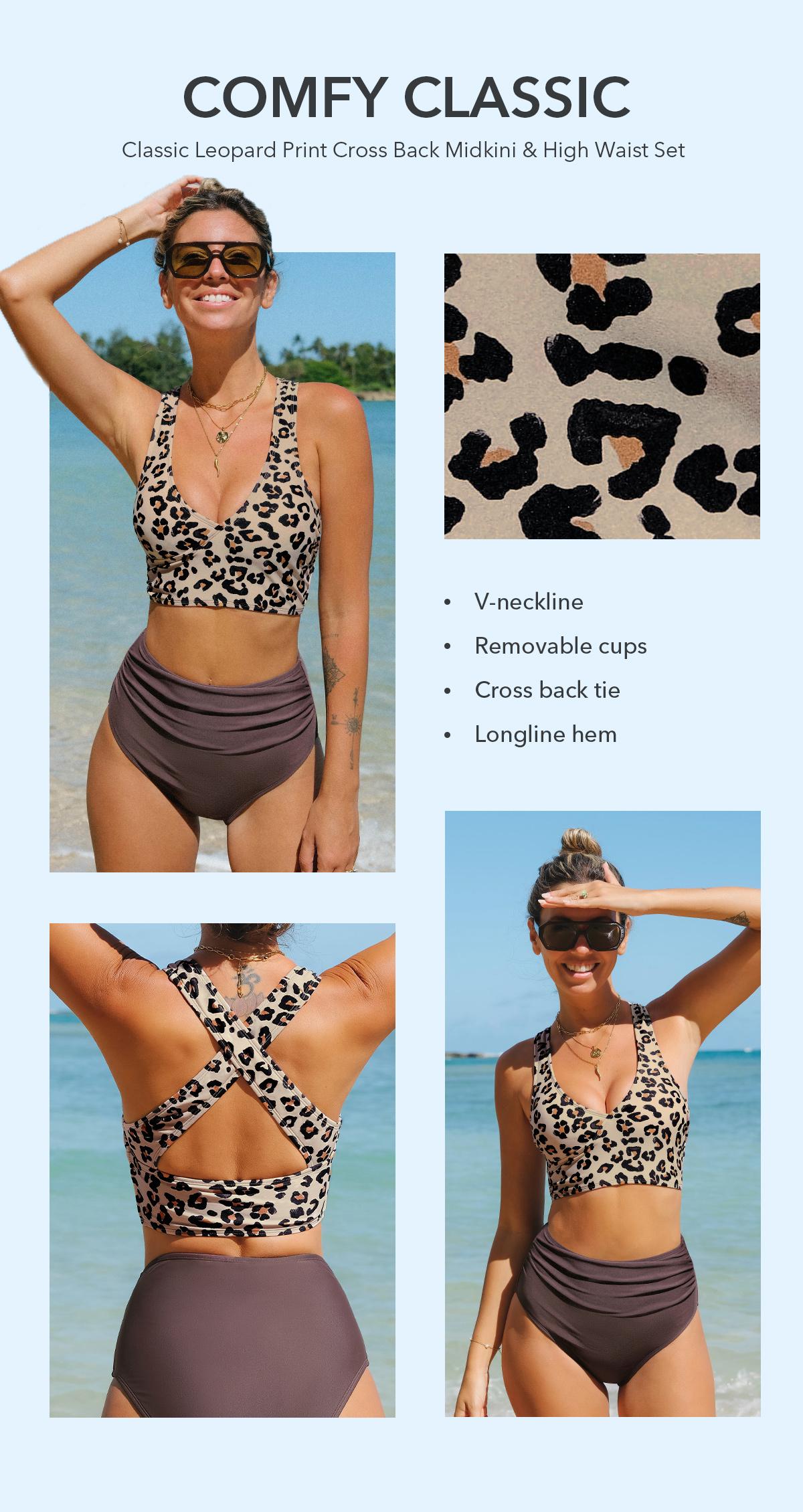 CUPSHE Iconic Leopard Print Midkini Swimsuit - High-Waisted Tummy Control Bikini sets with Cross Back Support (XS-XXL) | 2026 Fierce Vacation Outfits SpringStatements