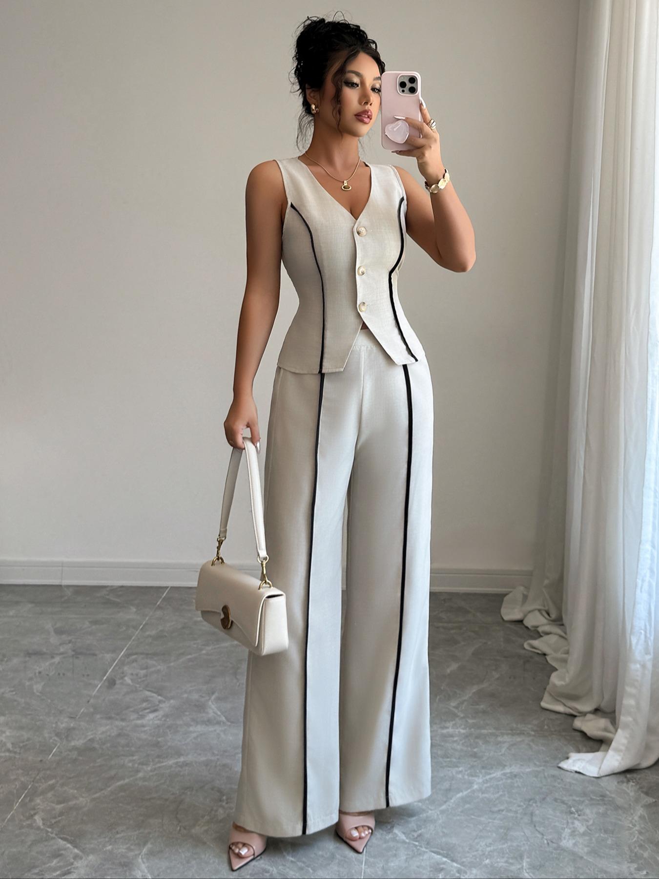 Colorblock V-Neck Sleeveless Vest Set with Wide Leg Pants, Spring & Fall Fashion, Slim Fit, Plain Pattern, Natural Waist