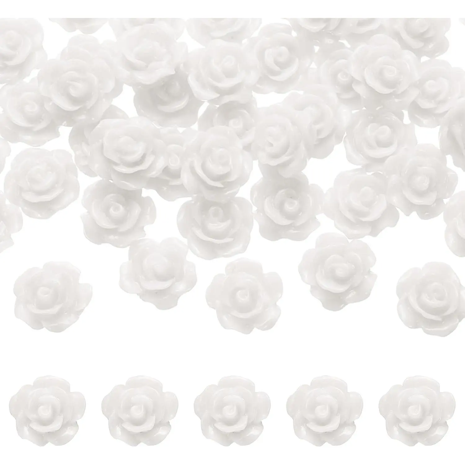 50 count White  Rose Flower Beads, 10mm Flatback Flower  Opaque Carve Rose Beads No Hole for DIY  Making Nails Sunglasses Hair Clip (Small Size)