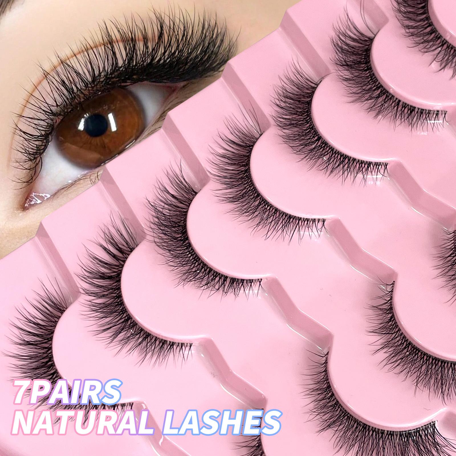 7 Pairs Lashes With Clear Band Fluffy False Lashes Pack Natural Look False Eyelashes Wispy Eyelashes Curly Makeup Eyelashes For Daily Wear