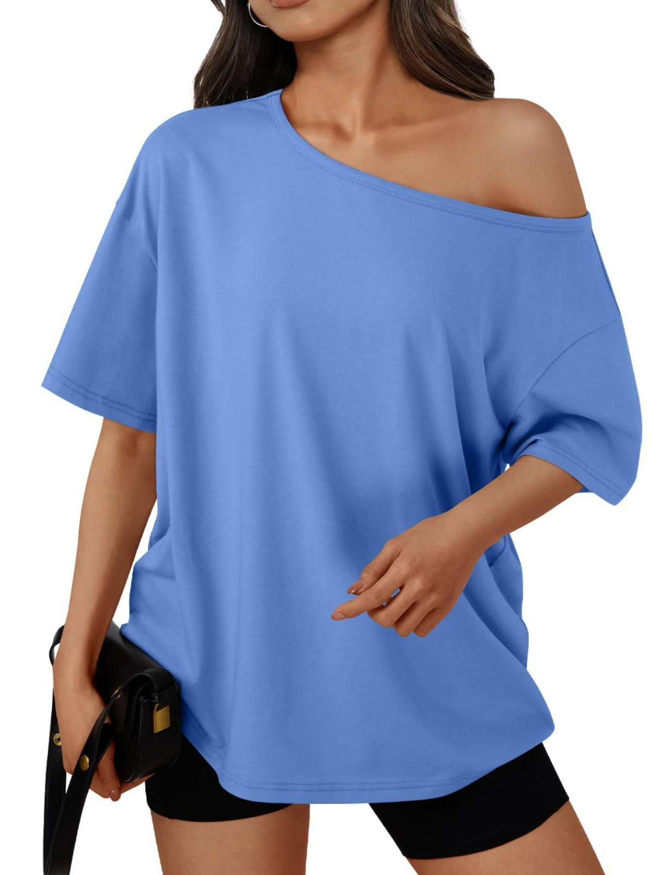 2026 Women Summer Casual Off Shoulder T Shirts Batwing Short Sleeve Loose Solid Color Basic Tee Tops