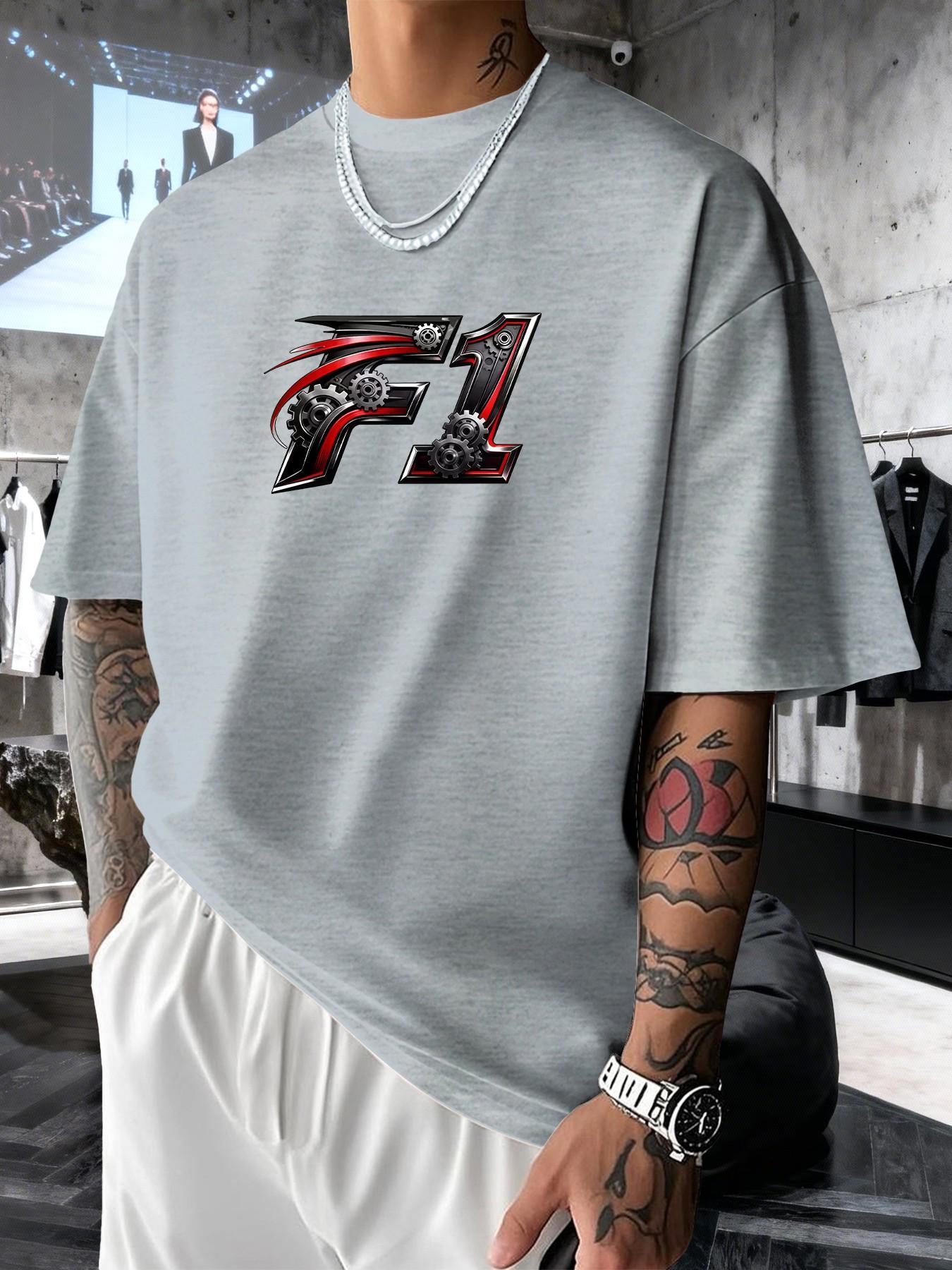 Mechanical Gear F1 Print Men's Trendy Graphic Streetwear Short Sleeve T-Shirt, Casual Slim-Fit Long Top for Spring Summer