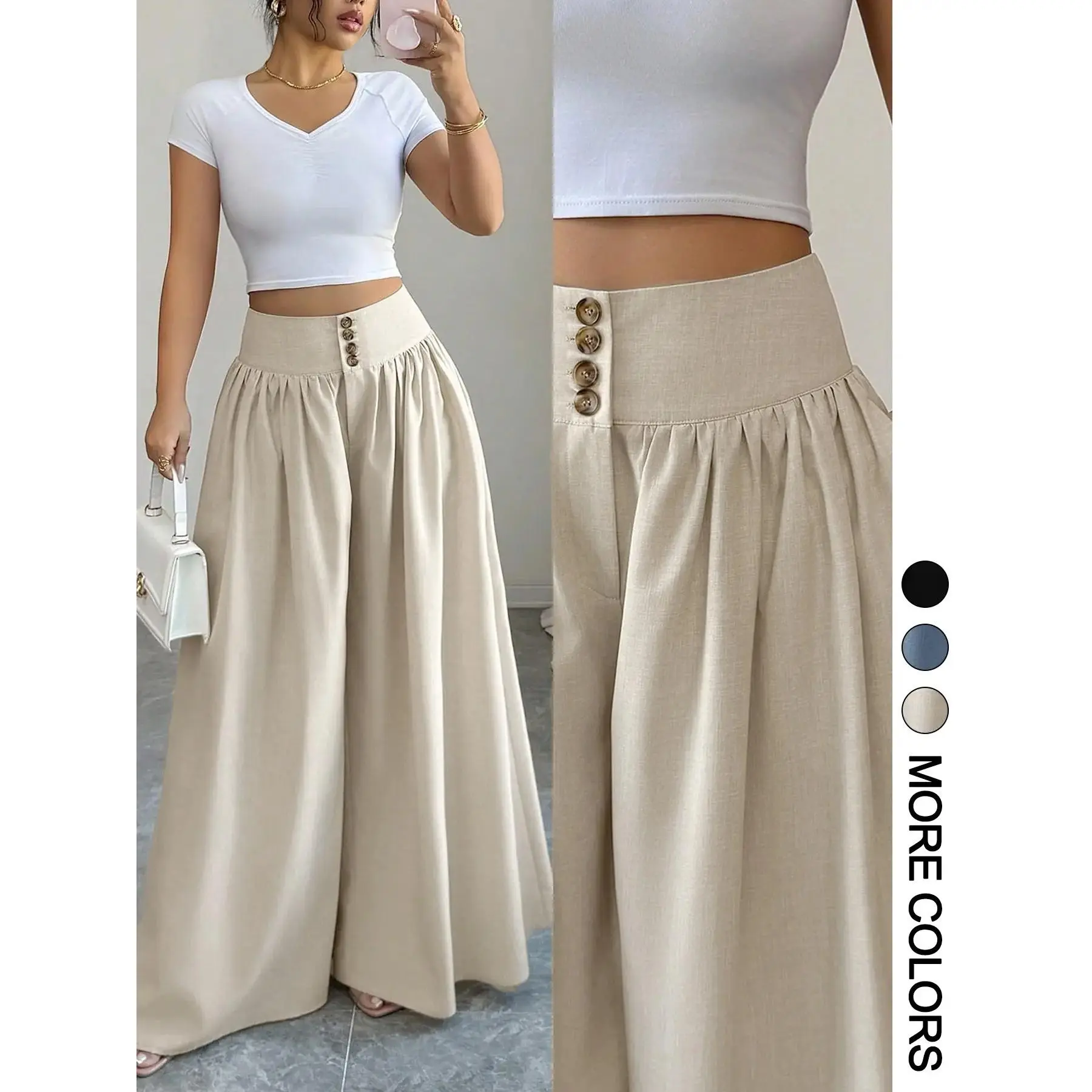 Women's High-Waisted Wide-Leg Plain Palazzo Pants - Button Fly, Gathered Waist, Tummy Control, Flowy Trousers for Office Casual, Old Money Style - All Seasons, Cold Wash Sport & Outdoor Bottoms