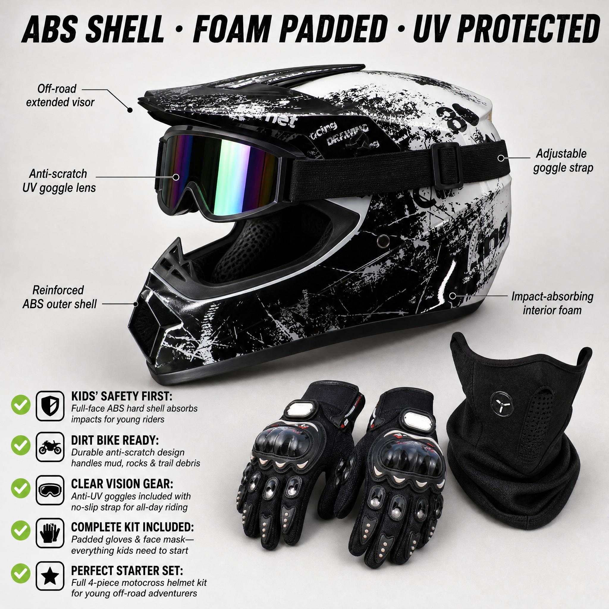 Full Face Motocross Helmet for Kids 6+ Youth Teens and Adults, Adjustable ABS Protective Gear for Outdoor Racing, 4-Piece Set with Goggles, Gloves & Mask, Motocross Protective Gear, Riding Safety Helmet, Off Road Helmets