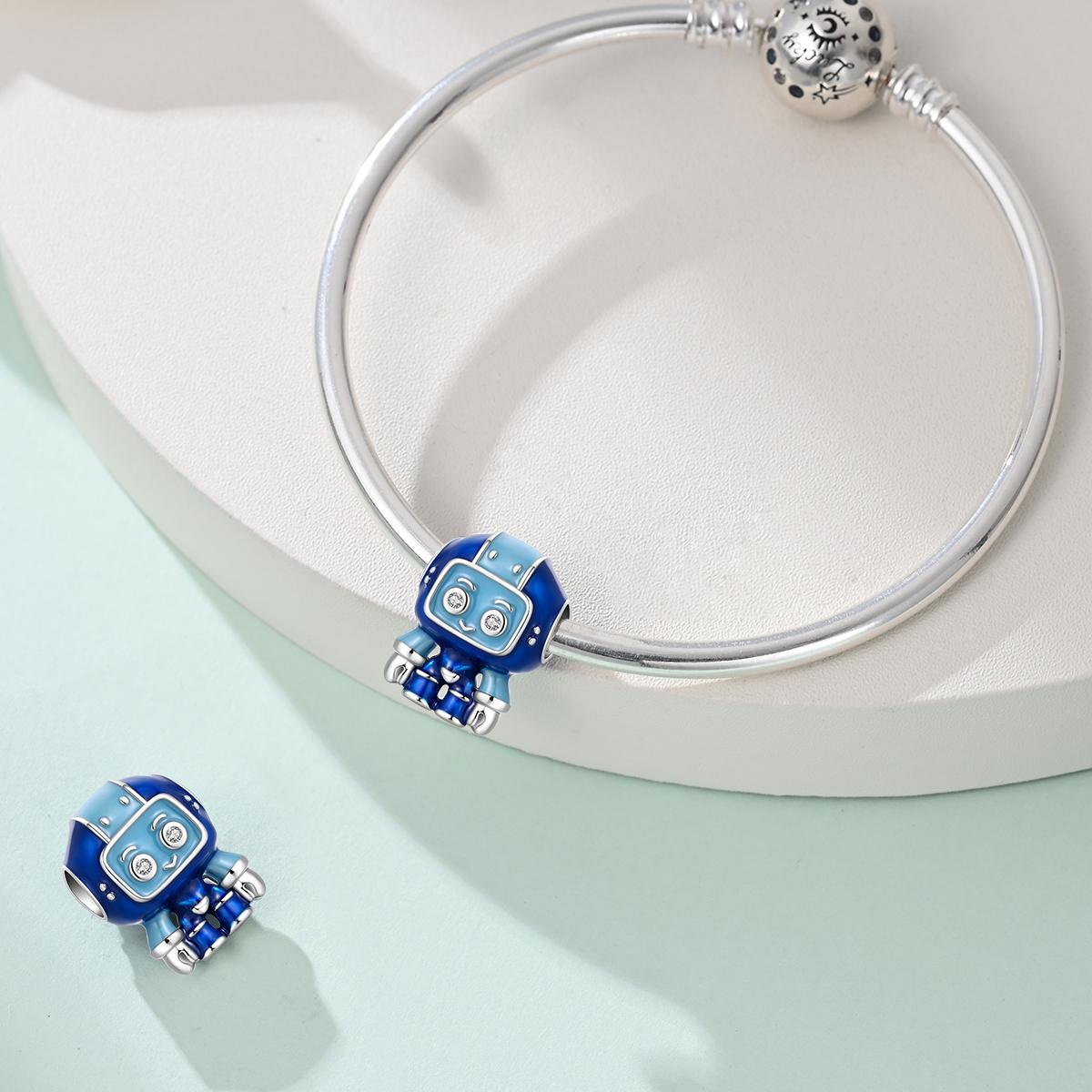Cute Robot Charm, Blue Enamel & Crystal Eyes, Techy Kawaii Jewelry, Perfect for Pandora Bracelet, Unique Gift Idea