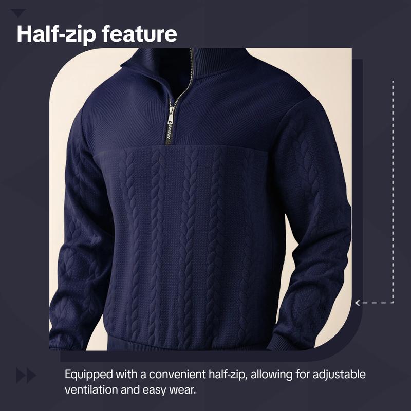 Men's solid color half-zip stand-up collar sweater, regular version of casual long-sleeved pullover, comfortable fabric, warm, suitable wearing in autumn and winter, men's daily outfit.