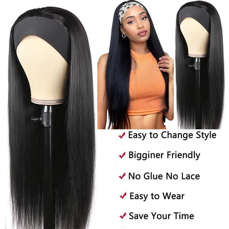 28 Inch 250% Density Headband Wig Blended Human Hair Straight Machine Made Wigs None Lace Front Wigs Glueless Human Hair Wig for Women Natural Color