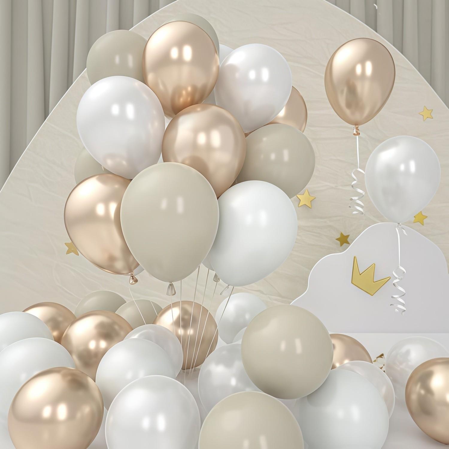 A set of 50 nude, champagne gold, pearl white, and apricot balloons, measuring 25.4 centimeters, is perfect for bohemian weddings, birthday celebrations, bridal gifts, and party decorations.
