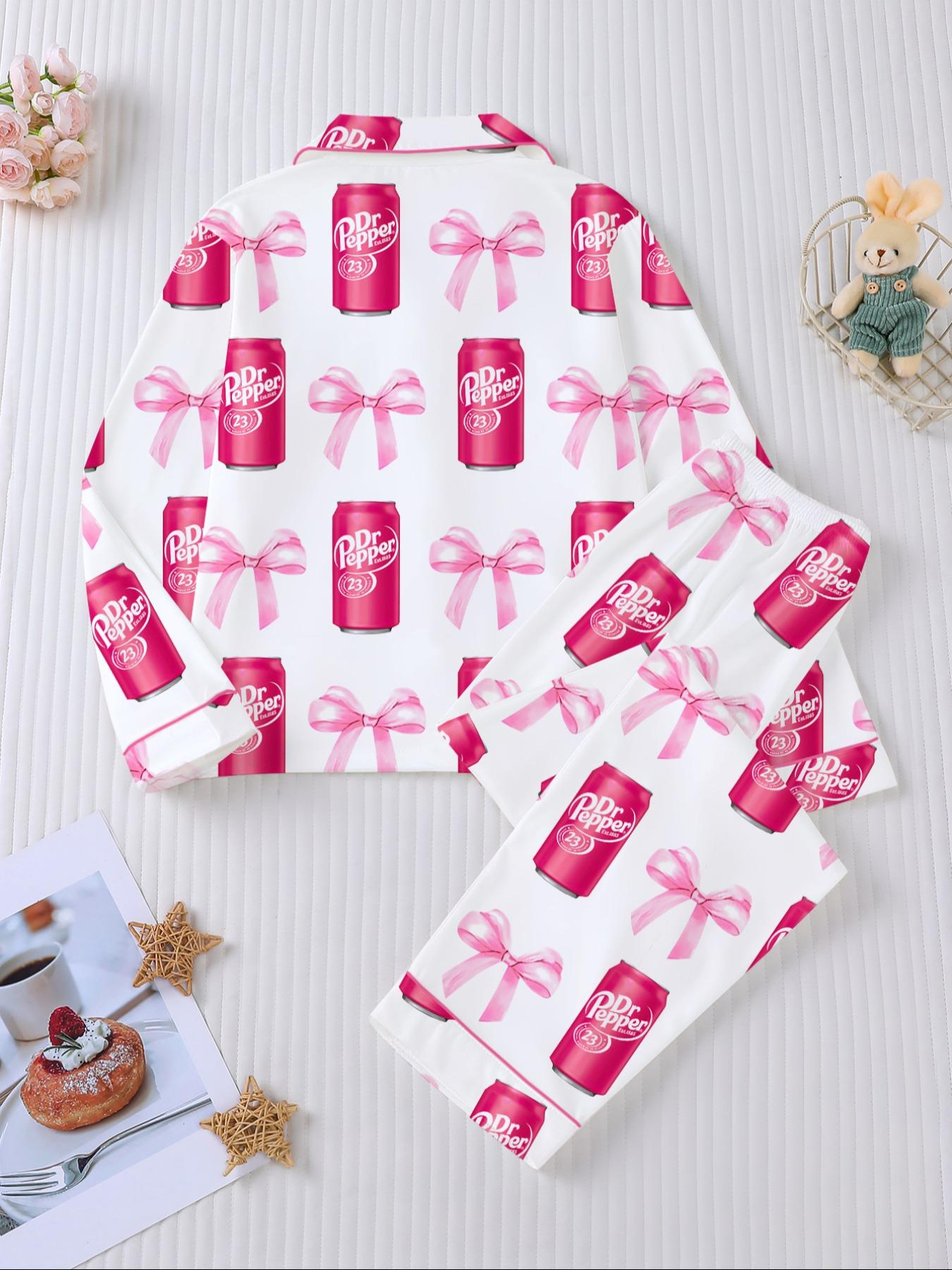 Dr Pepper Soda Bottle Bow Print Long Sleeve Pajama Set, Comfortable Fireproof Sleepwear, Loungewear, Fall Winter Home Wear, 2 Piece Set