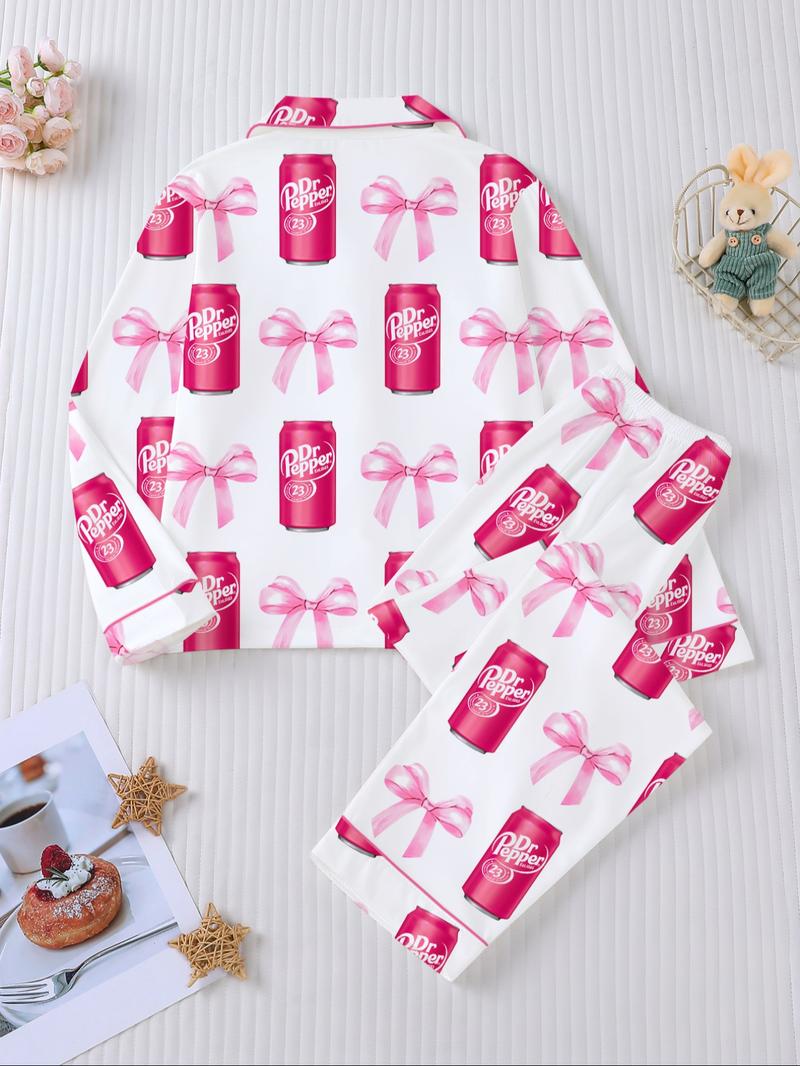 Dr Pepper Soda Bottle Bow Print Long Sleeve Pajama Set, Comfortable Fireproof Sleepwear, Loungewear, Fall Winter Home Wear, 2 Piece Set