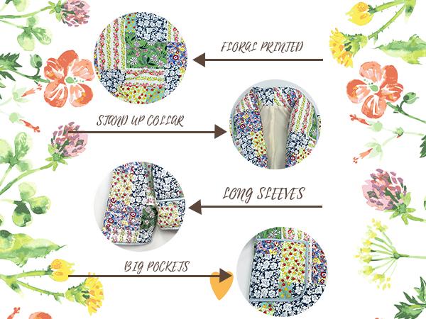 Women's Cropped Puffer Jacket Lightweight Floral Printed Open Front Quilted Coat Winter Warm Outwear