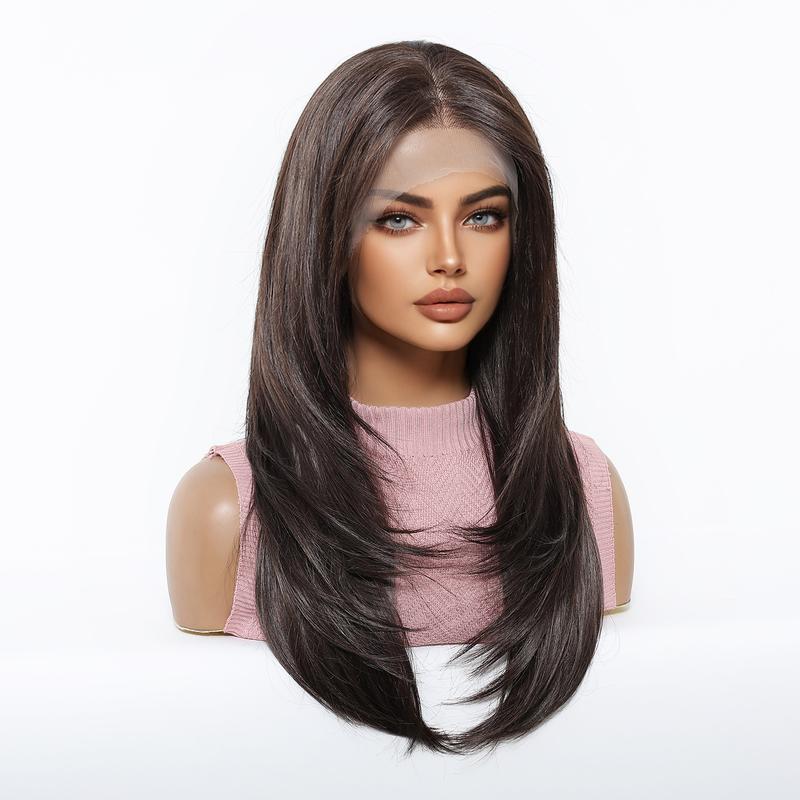 13x6 HD Transparent Lace Front Wig 22Inch Deep Brown Color Synthetic Lace Wig Glueless Lace Wig High Temperature Chemical Fiber Daily Wear&Christmas&Music Festival&Party&Halloween-Natural Look & Comfort Fit