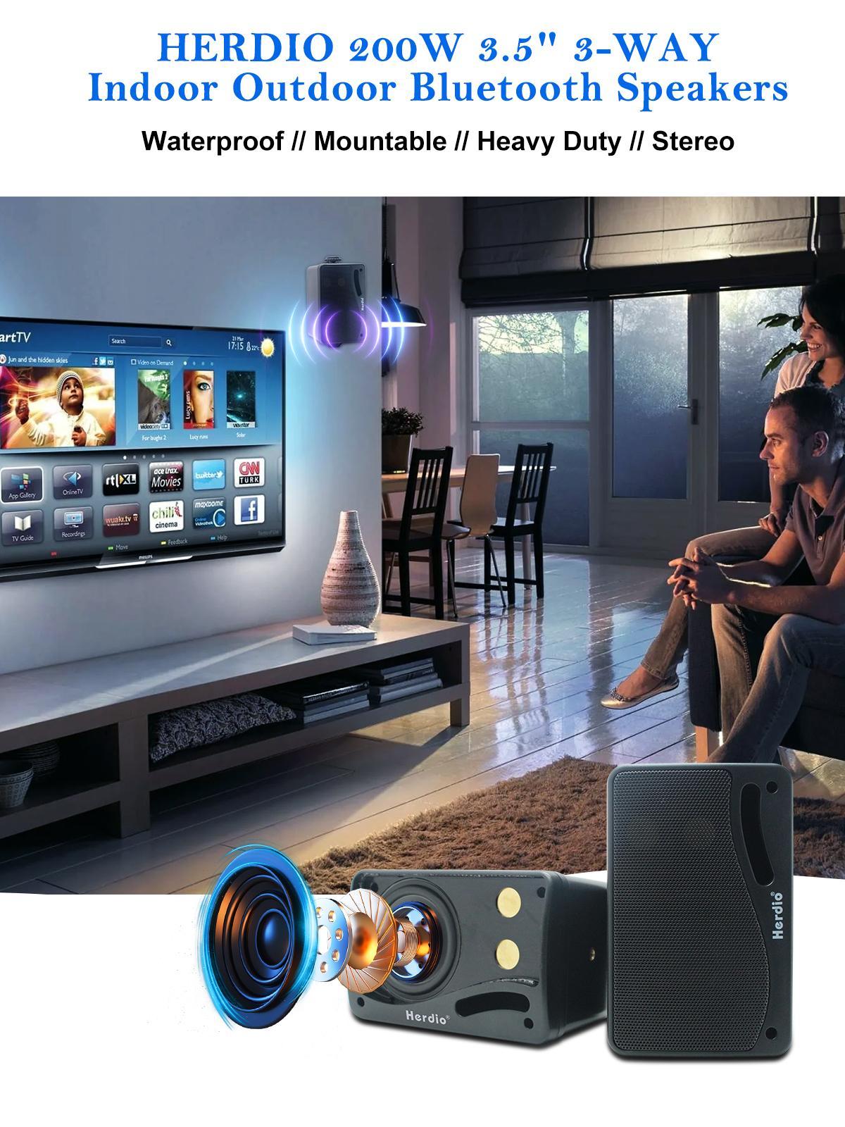 Herdio 3.5-inch Outdoor Bluetooth Speakers, Unpowered Wired Waterproof, 200 Watts, Built-in Amplifier. (Black/White Pair)