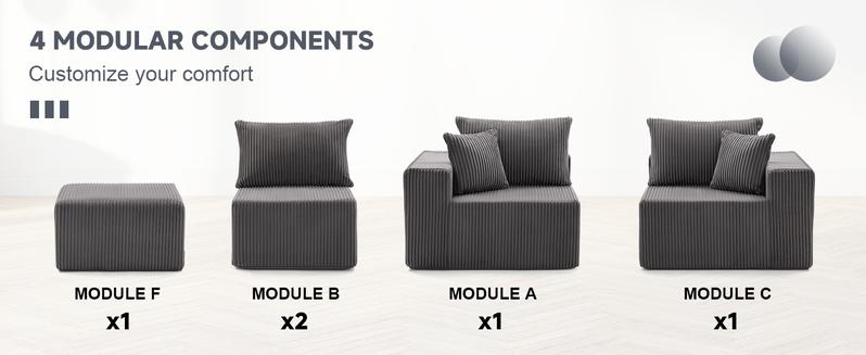 【3 packages】135.4" Cloud Couch Sectional, Modular Sofa with Deep Seat, Plush Corduroy L Shaped Boneless Couch, Convertible Sectional Couches for Living Room, 5Seat