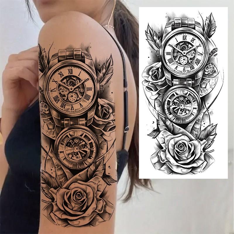 3 Piece Clock Flower Temporary Tattoos, Poker Eagle Clock Floral Design, Waterproof Realistic Fake Tattoo Stickers, Long-Lasting Body Art