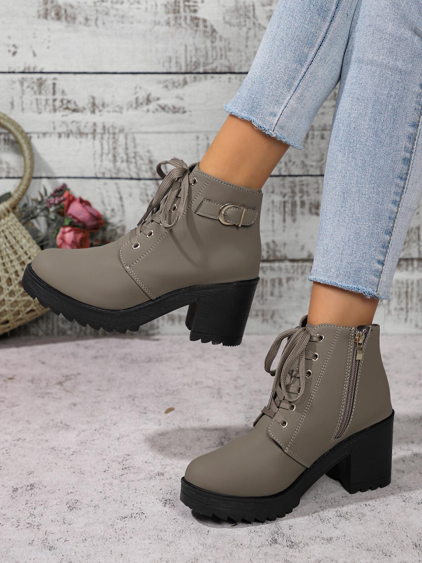 Women's Chunky Heel Thick Sole Ankle Boots, Side Zipper Lace-Up High Heel Boots, Fall Winter Casual Fashion Shoes Women's Chunky Heel Thick Sole Ankle Boots, Side Zipper Lace-Up High Heel Boots, Fall Winter Casual Fashion Shoes