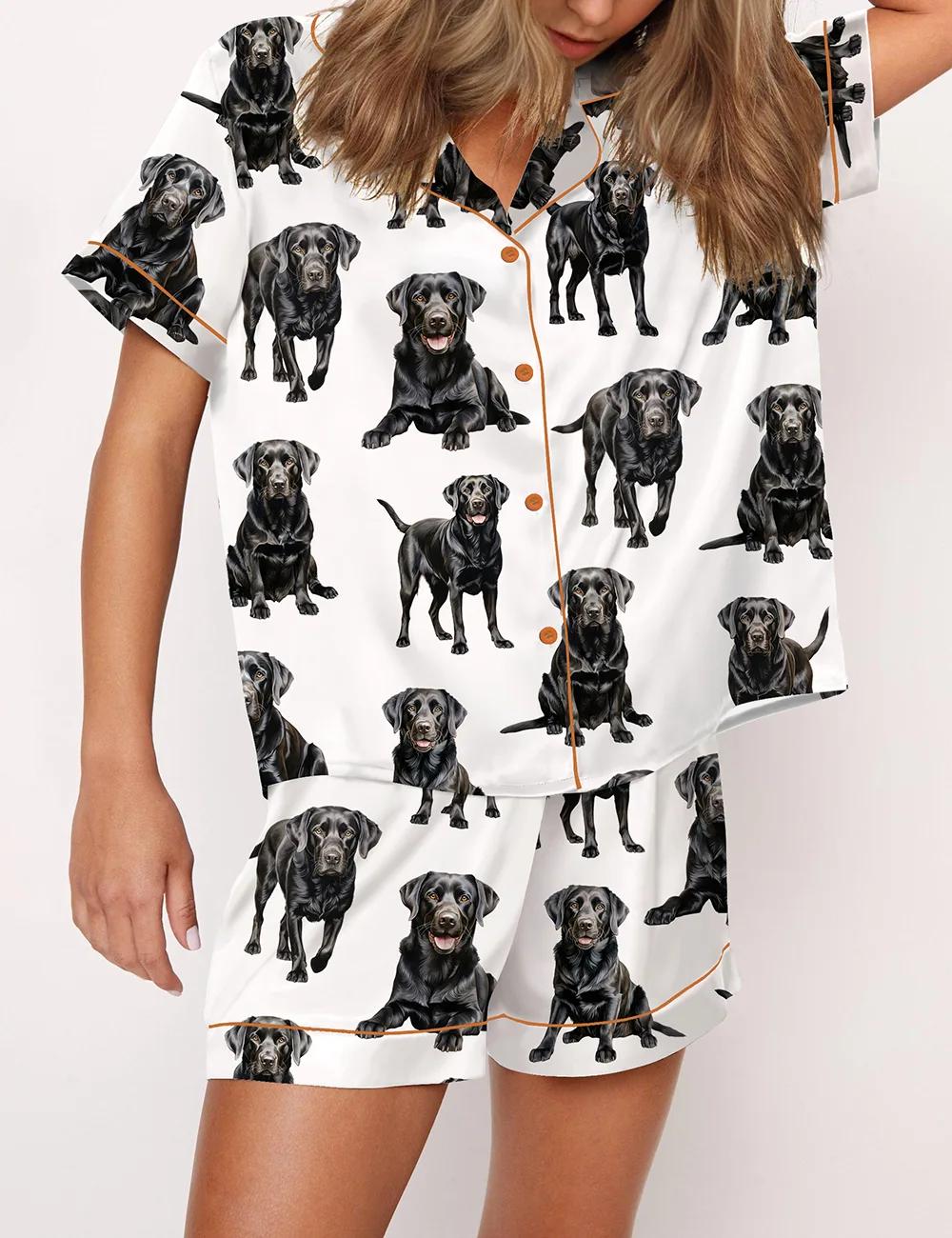 Black Labrador Doggy Pajama Set For Women Print Comfy Satin Sleepwear & Loungewear Pjs Printing Silky Short Sleeve Top & Shorts - SHESHOW