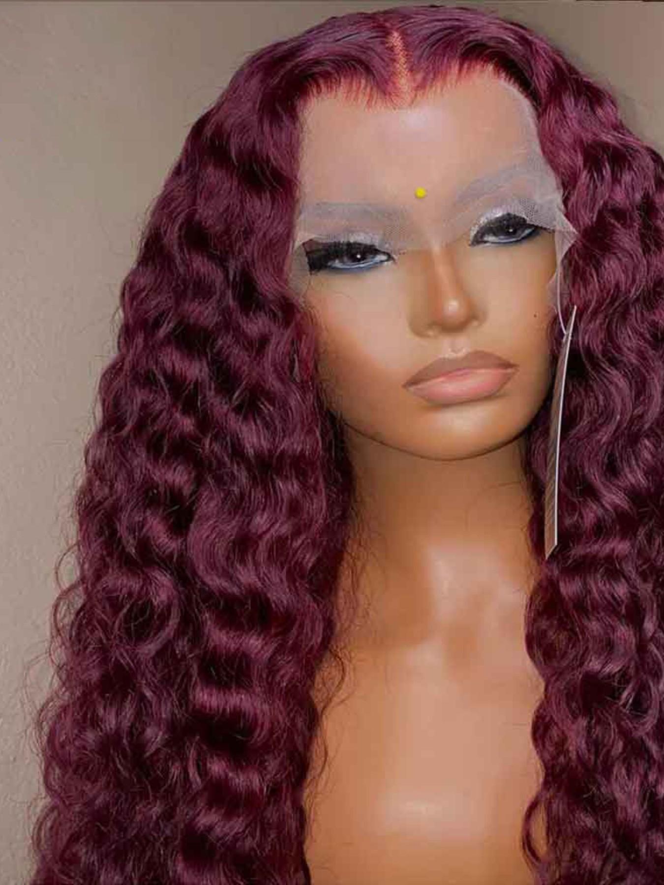 Burgundy Soft Long 26 Inch 180 Density Kinky Curly 99j Wine Red Front Lace Wig, Glueless Heat Resistant Synthetic Hair, Daily Wear Pre-plucked, Curly Afro Wigs