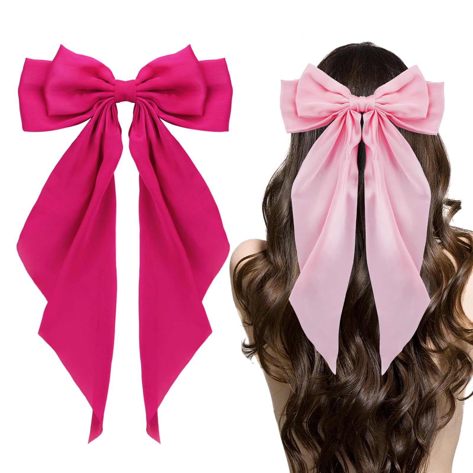 Big Bow Hair Accessories 2pcs - Long Tail French Satin Silky Barrettes for Women and Girls, Black, Burgundy, Red Bows for Birthday, Party, Show, hair clips Fashion