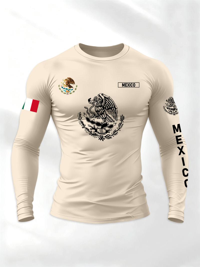 Men's Sporty Long Sleeve T-Shirt, Spring & Fall Fashion Round Neck, Mexican Eagle Snake Letter Pattern, Comfortable Streetwear, Athletic T Shirt