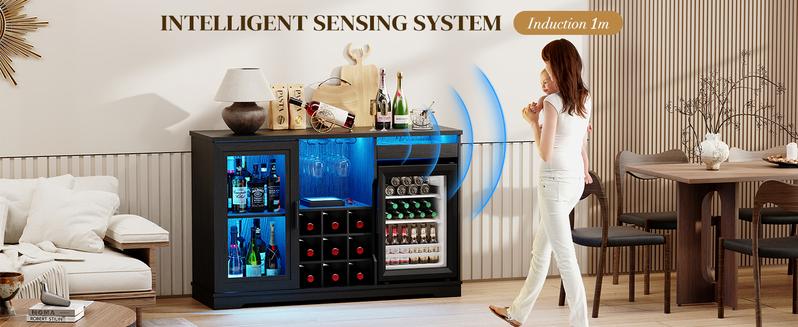 BROTTAR Coffee Bar Cabinet with Fridge, Liquor Cabinet with LED Lights & Glass Holder, Mini Fridge Cabinet with Wine Storage, Human Body Sensor, Sideboard Buffet Table for Kitchen Dining Room, Black
