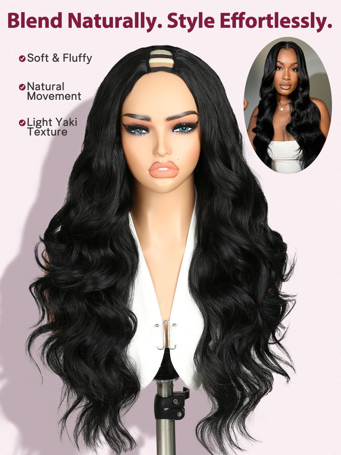 U Part Body Wave Synthetic Half Long Wavy Hair Wigs for Women, 26 Inch Glueless Wig, Heat-Resistant, Clip In, Natural, Daily Party Use