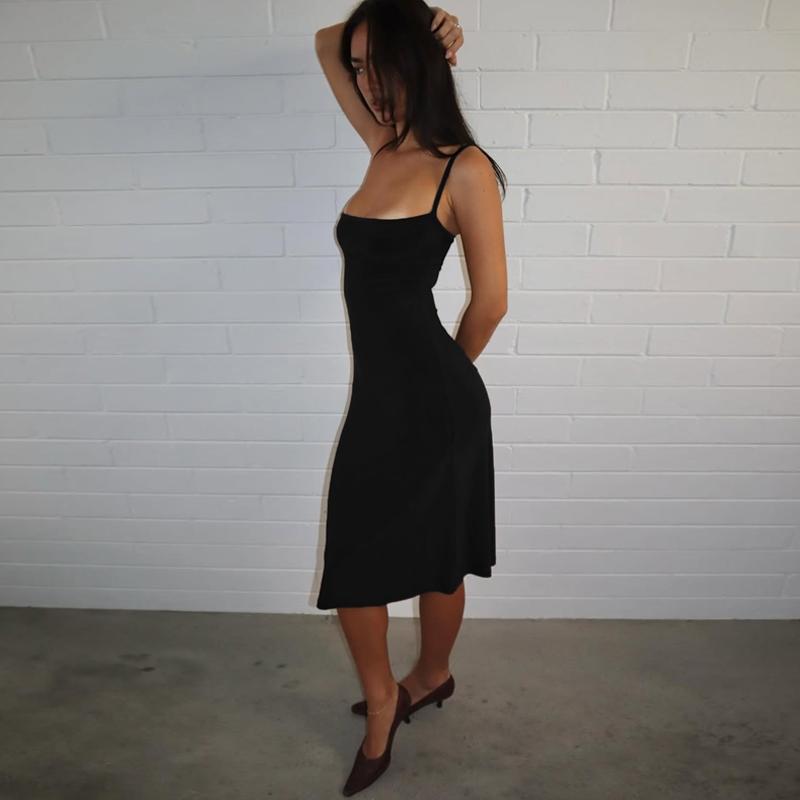 Women's Basic Solid Color Bodycon Slip Dress, Sleeveless Backless Spaghetti Straps Plain Slim Fit Midi Dress, Party Club Date Holiday Daily Casual Elegant Dresses For Ladies All Seasons Summer Fashion Clothes Wear