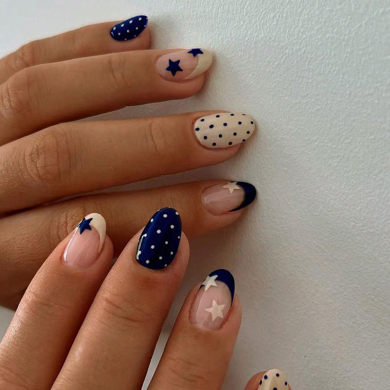24pcs Short Oval Blue French Acrylic False Nails Set, Star & Polka Dot Design, Nail Art Design, Perfect Fit, Glossy Finish, for Women and Girls 24pcs Short Oval Blue French Acrylic False Nails Set, Star & Polka Dot Design, Nail Art Design, Perfect Fit, Glossy Finish, for Women and Girls