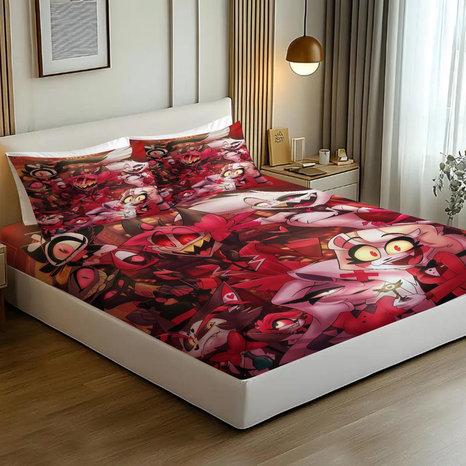 3 Piece Hazbin Hotel Pattern Fitted Sheet Set, Soft And Durable Bedding Set Bed Sheets Includes 1 Piece Flat Sheet And 2 Pieces Pillowcases, Daily Holiday Birthday Gift Bedroom Decorations For Kids And Adults, Bedsheet Sets