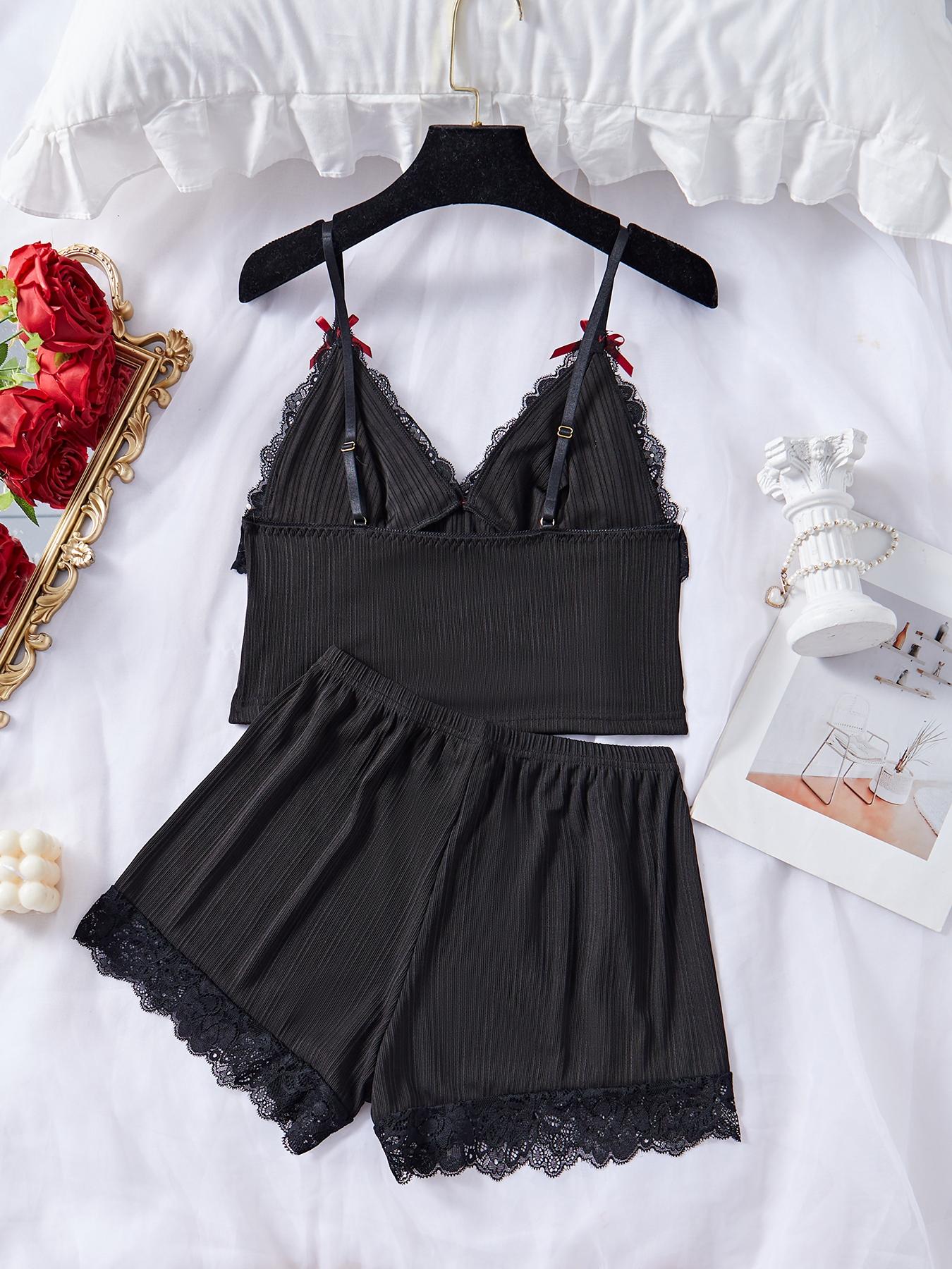 Women's Contrast Lace Bow Decor Ribbed Pyjama Two-piece Set, Cute Elegant Adjustable Spaghetti Strap Ruffle Trim Crop Camisole & Elastic Waist Shorts Pj Set, Ladies Sleepwear for All Seasons, Aesthetic Womenswear, Lingerie Nightwear