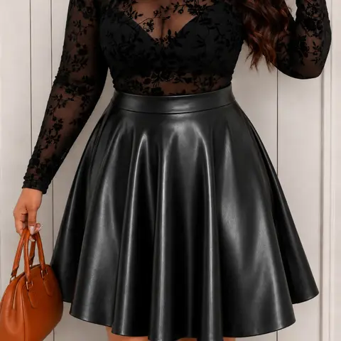 Plus Size Women's Faux Leather Skater Skirt, High Waisted Flared Mini Skirt, Sexy A-Line Design for Going Out, Clubwear and Date Night, High Waist Skirts
