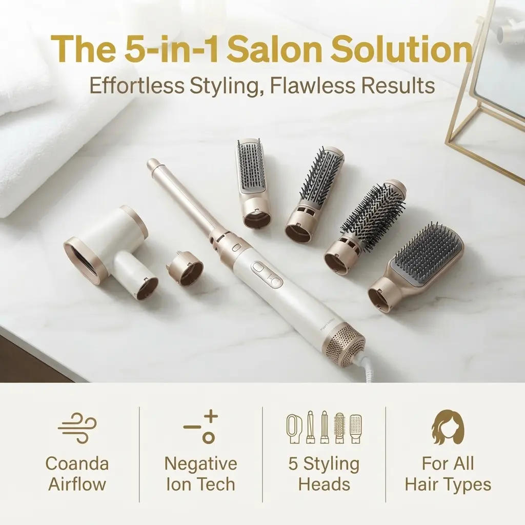 5-In-1 Multifunctional Hot Air Brush Kit, Blow Dry Straighten & Curl Hair All In One Styling Tool