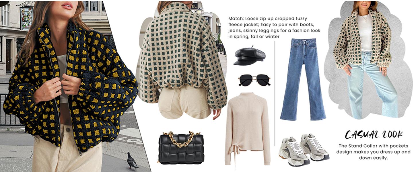 JovenPara Women's Winter Sherpa Fleece Jacket Long Sleeve Zip Up Checkered Fuzzy Cropped Coats Warm Outwear with Pockets Casual Winter Outerwear Womenswear