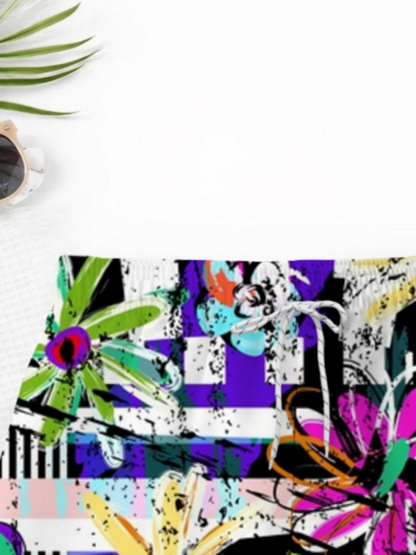 Summer Boys' Abstract Graffiti Floral Print Drawstring Beach Pants, Kids Loose Fit Trendy Swim Shorts, Casual Short Hems